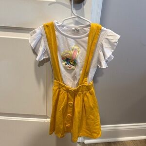 Yellow and White Kids Dress with Bunny Design